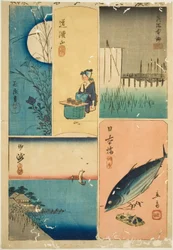 Eitai Bridge, Nihon Bridge, Susaki, Květná zahrada a Dokan Hill (Eitaibashi, Nihonbashi, Susaki, Hanayashiki, Dokanyama), ze série "Vystřihovánky slavných míst v Edo (Harimaze Koto meisho)"