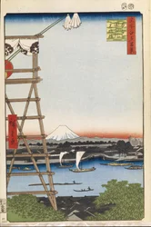 Chrám Ekoin v Rjogoku a most Moto-Yanagi Sto slavných pohledů na Edo, 1856-1858
