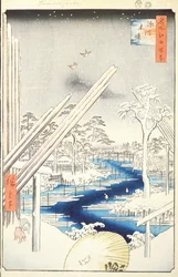 Fukagawa Lumberyards, č. 106 ze Sto slavných pohledů na Edo, 1856 (barevný tisk ze dřeva)