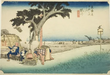 Fukuroi: Čajový stánek (Fukuroi, dejaya no zu), ze série "Padesát tři stanic Tokaida (Tokaido gojusan tsugi no uchi)", také známý jako Hoeido Tokaido