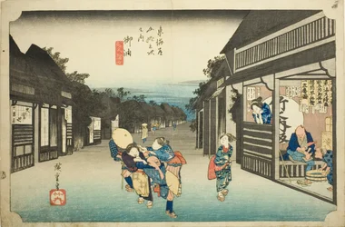 Goyu: Ženy zastavující cestovatele (Goyu tabibito tomeru onna), ze série „Padesát tři stanic Tokaida (Tokaido gojusan tsugi no uchi), známé také jako Hoeido Tokaido