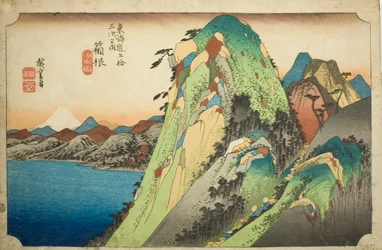 Hakone: Pohled na jezero (Hakone, kosui no zu), ze série "Padesát tři zastávek na Tokaidské silnici (Tokaido gojusan tsugi no uchi)", také známé jako Hoeido Tokaido