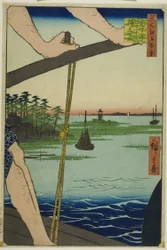 Přívoz Haneda a svatyně Benten (Haneda no watashi Benten no yashiro), ze série "Sto slavných pohledů na Edo (Meisho Edo hyakkei)".