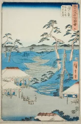 Hodogaya: Pohled do dálky na pohoří Kamakura z Rest House u hraničního stromu (Hodogaya, Kyoboku tateba Kamakura yama enbo), č. 5 ze série „Slavné památky padesáti tří stanic (Gojusan tsugi meisho zue)“, známé také jako Verti