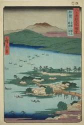 Provincie Kaga: Rybářské požáry na jezeře Renko, jeden z osmi scénických pohledů na Kanazawa (Kaga, Kanazawa hassho no uchi, Renko no isaribi), ze série „Slavná místa v šedesáti lichých provinciích (Rokujuyoshu meisho zue)“
