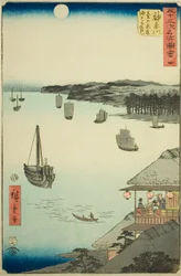 Kanagawa: Pohled na moře z čajoven na kopci (Kanagawa, dai no chaya kaijo miharashi), ne. 4 ze série „Slavné památky padesáti tří stanic (Gojusan tsugi meisho zue)“, známé také jako Vertikální Tokaidó