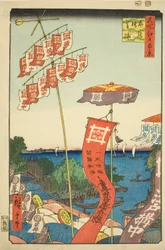Most Kanasugi v Shibaura (Kanasugi Bridge Shibaura), ze série s ``Výhledy na hřebeny z hřebenů na Edo (Sto slavných výhledů na Edo)