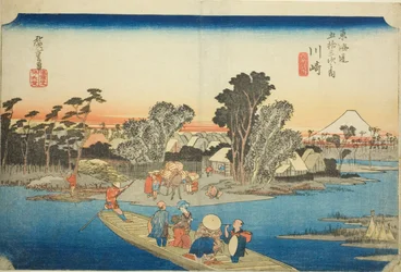 Kawasaki: The Rokugo Ferry (Kawasaki, Rokugo watashibune), ze série „Padesát tři stanic Tokaida (Tokaido gojusan tsugi no uchi), také známé jako Hoeido Tokaido