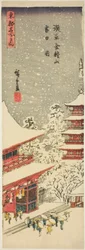Chrám Kinrjúzan v Asakuse na padajícím sněhu (Asakusa Kinrjúzan setchu no zu), ze série "Slavné pohledy na východní část hlavního města (Toto meisho no uchi)".