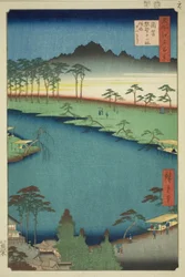 Svatyně Kumano Junisha v Tsunohazu, známá jako Juniso (Tsunohazu Kumano Junisha, zokusho Juniso), ze série „Sto slavných pohledů na Edo (Meisho Edo hyakkei)“