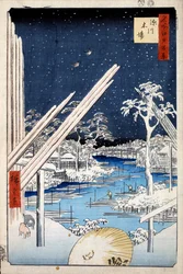 Lumberyards ve Fukagawa Sto slavných pohledů na Edo, 1856-1858.