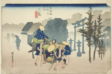 Mishima: Ranní mlha (Mishima, asagiri), ze série "Padesát tři zastávek na Tokaidské silnici (Tokaido gojusan tsugi no uchi)", také známé jako Hoeido Tokaido