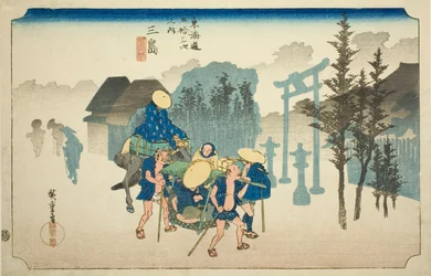 Mishima: Ranní mlha (Mishima, asagiri), ze série "Padesát tři zastávek na Tokaidské silnici (Tokaido gojusan tsugi no uchi)", také známé jako Hoeido Tokaido
