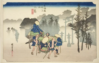 Mishima: Ranní mlha (Mishima, asagiri), ze série „Padesát tři zastávek na Tokaidské silnici (Tokaido gojusan tsugi no uchi)“, také známé jako Hoeido Tokaido