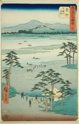 Mitsuke: Trajekt na řece Tenryu (Mitsuke, Tenryugawa funewatashi), č. 29 ze série „Slavné památky na třiapadesáti stanicích (Gojusan tsugi meisho zue), známé také jako Vertikální Tokaido