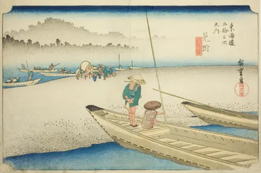 Mitsuke: Tenryu River View (Mitsuke, Tenryugawa zu), ze série "Padesát tři stanic Tokaida (Tokaido gojusan tsugi no uchi)", také známý jako Hoeido Tokaido