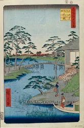 Chrám Mokuboji a zeleninová pole na zátoce Uchigawa Sto slavných pohledů na Edo, 1856-1858
