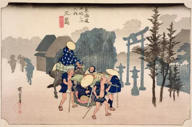 Ranní mlha v Mišimě, ze série "53 stanic na východní pobřežní cestě", 1833 (dřevoryt)