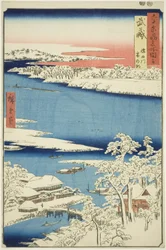 Provincie Musashi: Ráno po sněhu na řece Sumida (Musashi, Sumidagawa yuki no ashita), ze série „Slavná místa v šedesáti lichých provinciích (Rokujuyoshu meisho zue)“