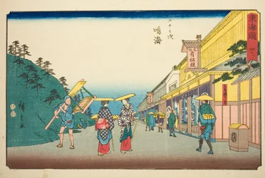 Narumi: Obchody prodávající slavnou tkaninu barvenou kravatou (Narumi, meisan shibori mise) – Ne. 41, ze série "Padesát tři stanic Tokaida (Tokaido gojusan tsugi)," také známé jako Reisho Tokaido