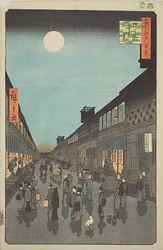 Noční pohled na Saruwaka-machi (Saruwaka-machi yoru no kei), č. 90 ze série "Sto slavných pohledů na Edo (Meisho Edo hyakkei)".