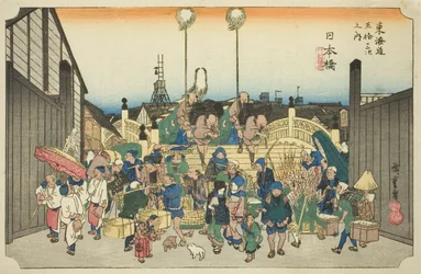 Nihonbashi: Procesí odcházející (Nihonbashi, gyoretsu furidashi), ze série „Padesát tři zastávek na Tokaidské silnici (Tokaido gojusan tsugi no uchi), také známé jako Hoeido Tokaido