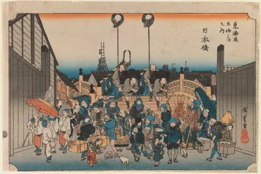 Nihonbashi, ze série: Tokaido go ju san tsugi no uchi, 1833-34 nebo novější (dřevotisk)
