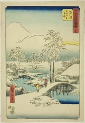 Numazu: Hora Fuji a hora Ashigara za jasného počasí po sněhu, ne. 13 (Numazu, Ashigarayama Fuji no yukibare), ze série „Slavné památky padesáti tří stanic (Gojusan tsugi meisho zue)“, známé také jako Vertikální Tokaido