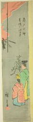 Nabízí Colza ve svatyni Kameido Tenjin (Kameido Tenjin natane no jinji), část listu ze série "Vystřižené obrázky slavných míst v Edu (Edo meisho harimaze zue)"