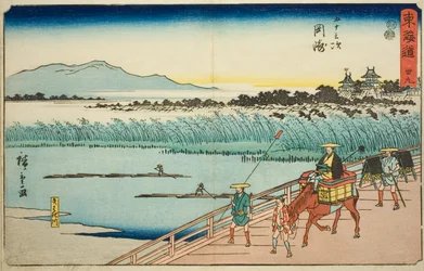 Okazaki: Řeka Yahagi (Okazaki, Yahagigawa) – č. 39, ze série „Padesát tři stanic Tokaida (Tokaido gojusan tsugi)“, známé také jako Reisho Tokaido