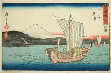 Okitsu: Chrám Kiyomigaseki a Seiken (Kiyomigaseki, Seikenji) – č. 18, ze série „Padesát tři stanic Tokaida (Tokaido gojusan tsugi), známé také jako Reisho Tokaido