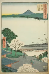 Otsu: Vzdálený pohled na Otsu a jezero z Kannon Hall of Mii Temple (Otsu, Miidera Kannondo Yori Otsu No Machi Kosui Chobo), no. 54 ze série „Slavné památky padesáti tří stanic (Gojusan Tsugi Meisho Zue)“, známé také jako Vertical To