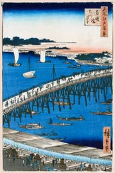 Břeh řeky u mostu Ryogoku Sto slavných pohledů na Edo, 1856-1858.