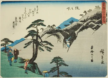 Sakanoshita: Pohled na horu Fudesute (Sakanoshita, Fudesuteyama no zu), ze série "Padesát tři stanic Tokaida (Tokaido gojusan tsugi)", také známé jako Tokaido s básní (Kyoka iri Tokaido)