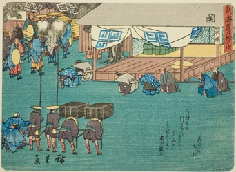 Seki, ze série "Padesát tři stanic Tokaida (Tokaido gojusan tsugi)," také známé jako Tokaido s básní (Kyoka iri Tokaido)
