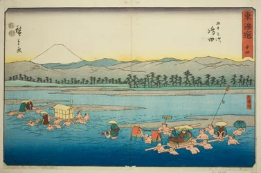 Shimada: Řeka Oi (Shimada, Oigawa) – č. 24, ze série "Padesát tři stanic Tokaida (Tokaido gojusan tsugi)," také známé jako Reisho Tokaido