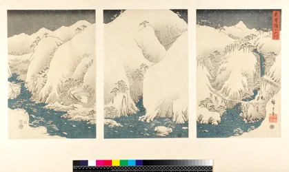 Sněhová bouře v horách a řekách Kiso, (sanmaitsuzuki - triptych, yoko-e - horizontální formát, barevný dřevoryt)