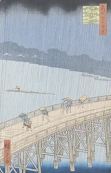 Náhlá přeháňka na mostě Ōhashi v Atake, ze série „100 pohledů na Edo“, 1857