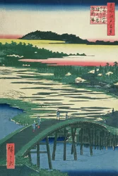 Most Sugatami, most Omokage a Jariba u Takata, ze série „Sto slavných pohledů na Edo“, 1857 (barevný dřevotisk)