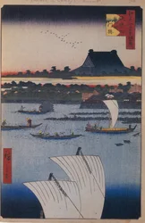Teppozu a Tsukiji Monzeki Temple Sto slavných pohledů na Edo, 1856-1858