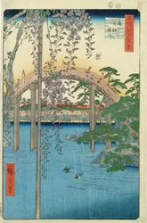 Most s vistáriemi neboli Kameido Tenjin Keidai, tabule 57 ze „100 pohledů na Edo“, 1856