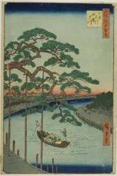 Pět borovic na řece Onagi (Onagigawa Gohonmatsu) ze série "Sto slavných pohledů na Edo (Meisho Edo hyakkei)".