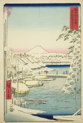 Břeh řeky Sukiya ve východním hlavním městě (Toto Sukiyagashi), ze série „Třicet šest pohledů na horu Fuji (Fuji sanjurokkei)“
