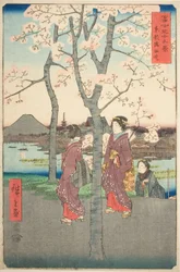 Nábřeží Sumida ve východním hlavním městě (Toto Sumida zutsumi), ze série „Třicet šest pohledů na horu Fuji (Fuji sanjurokkei)“