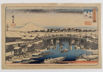 Pohled na most Nihonbashi, Edo (Edo Meisho) (dřevotisk, barva na papíře)