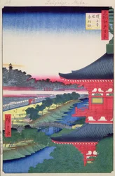Pagoda Zojoji a Akabane ze Sto slavných pohledů na Edo, 1857 (barevný tisk ze dřeva)