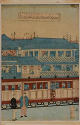 Nádraží, asi 1870 (japonský dřevorytový triptych)