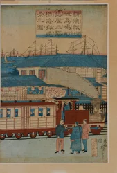 Nádraží, asi 1870 (japonský dřevorytový triptych)