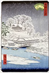 Vesnice pod sněhem, Japonsko - japonský tisk od Hiroshige - 19. století
