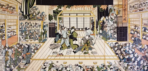Divadelní představení Kabuki v Edo, umělecký tisk ukiyo-e od Utagawy Kunimaru (1794-1829), dřevoryt, japonská civilizace, období Edo